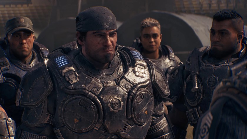 A still from a cinematic cutscene in Gears of War: E-Day showing the four playable characters.